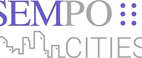 Sempo Cities logo in purple and grey over a outline of skyscrapers