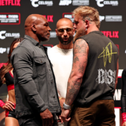 Mike Tyson and Jake Paul face off before their November 15, 2024 boxing match.